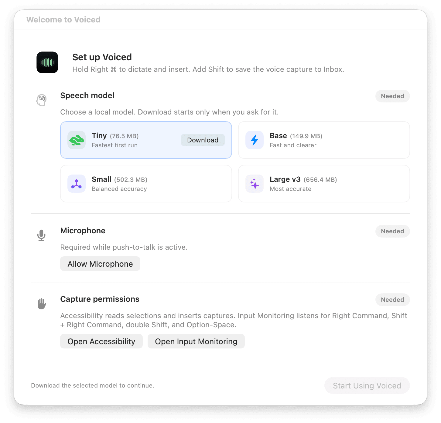 The current Voiced setup window showing local speech model choices, microphone access, Accessibility, and Input Monitoring with direct recovery actions.