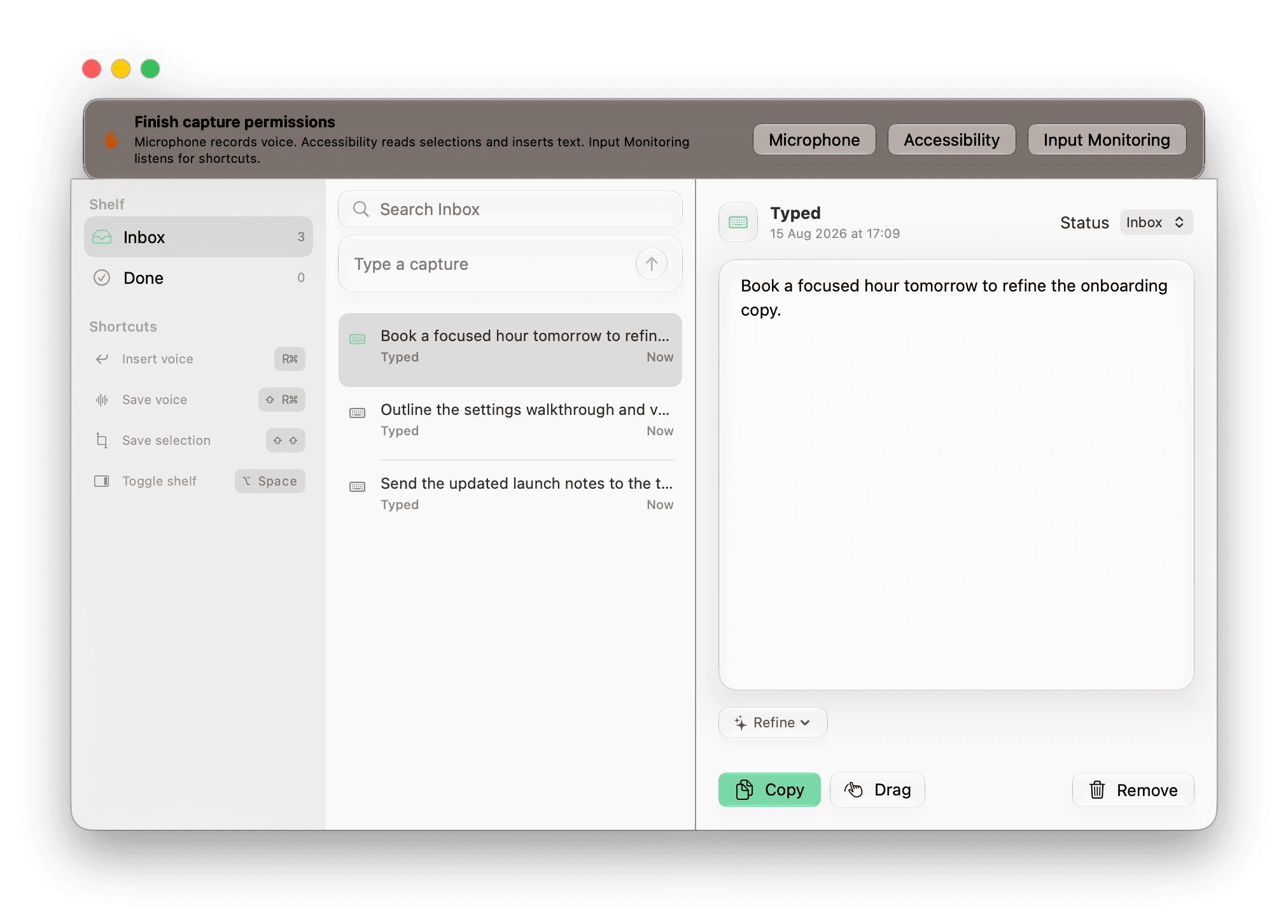 The current Voiced shelf with Inbox and Done, shortcut hints, typed captures, a text editor, refinement, copy, drag, remove, and permission recovery controls.